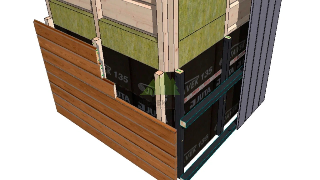 "Пирог" деревянной подсистемы, с утеплением 50 - монтаж горизонтально+ вертикально podsistema-derevyannaya-montazh-gorizontalno-vertikalno