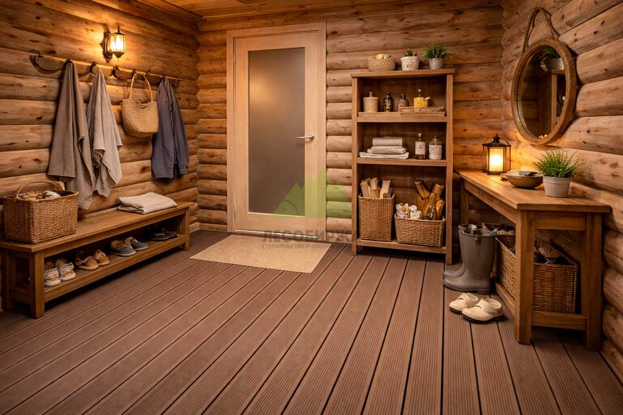 Прихожая в бане с настилом из ДПК